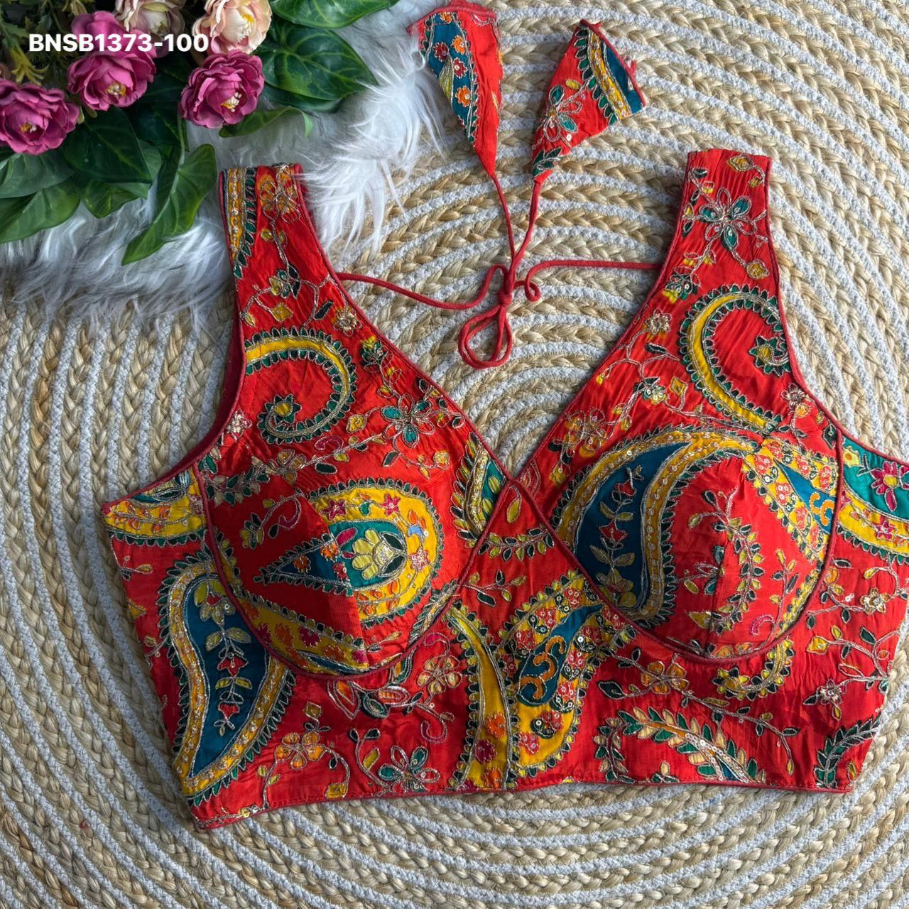 Sabyasachi neck heavy long carry position work-Bold Red